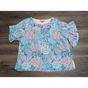 Lilly Pulitzer XL Blue Pink Darlah Floral  Ruffle Sleeve Lined Blouse Top
